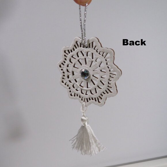 Circle Medallion with Tassel Laser Cut Wooden Ornament with Rhinestones Hangs - Picture 5 of 6